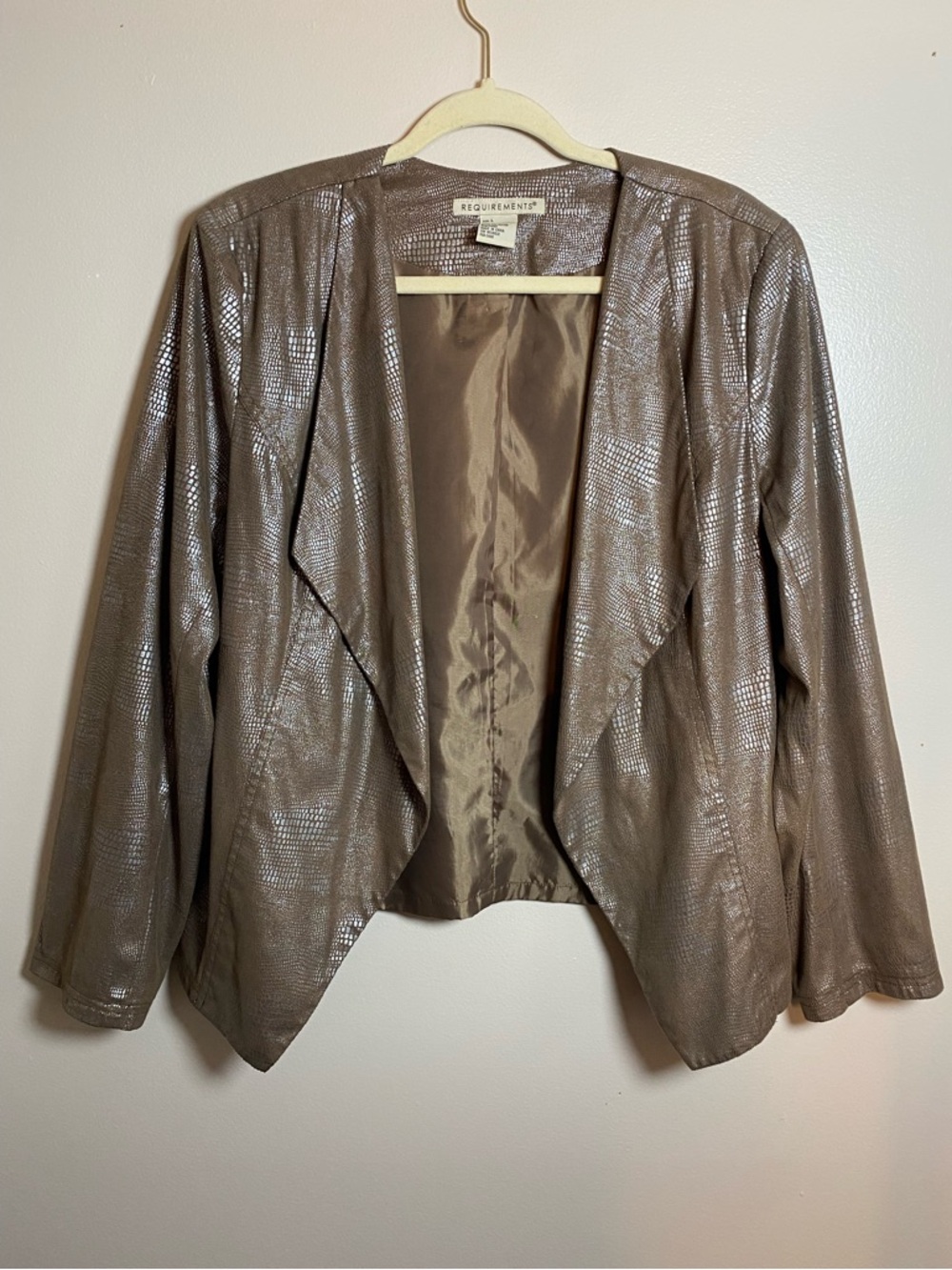 Requirements Taupe Metallic Snakeprint Open-Front Jacket Faux Suede Large Vtg